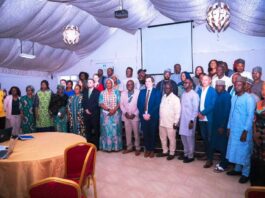 (Front row, 8th right) Representative of the Permanent Secretary Federal Ministry of Humanitarian Affairs and Poverty Alleviation, the Director Humanitarian Affairs FMHAPA, Valentine Ezulu (7th right) Representative of IOM, Daniel Salmon (6th right) Executive Secretary SEMA Benue State, (5th Right) Representative of ActionAid Nigeria, David Habba, (4th Right) Emergency Officer, World Food Programme, Christian Keilbach, (8th left) Assistant Director Humanitarian Affairs FMHAPA, Barbara Dele-Oye (7th left) First Secretary Embassy of Switzerland Nicolas Martin Achard (5th left) Head Press and Public Relations Unit, FMHAPA, Rhoda Ishaku Iliya, and other participants at the 7th National Humanitarian Coordination Technical Working Group (NHCTWG) meeting held on Wednesday 26th June 2024, in Abuja.