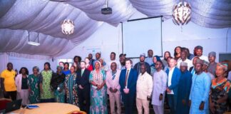 (Front row, 8th right) Representative of the Permanent Secretary Federal Ministry of Humanitarian Affairs and Poverty Alleviation, the Director Humanitarian Affairs FMHAPA, Valentine Ezulu (7th right) Representative of IOM, Daniel Salmon (6th right) Executive Secretary SEMA Benue State, (5th Right) Representative of ActionAid Nigeria, David Habba, (4th Right) Emergency Officer, World Food Programme, Christian Keilbach, (8th left) Assistant Director Humanitarian Affairs FMHAPA, Barbara Dele-Oye (7th left) First Secretary Embassy of Switzerland Nicolas Martin Achard (5th left) Head Press and Public Relations Unit, FMHAPA, Rhoda Ishaku Iliya, and other participants at the 7th National Humanitarian Coordination Technical Working Group (NHCTWG) meeting held on Wednesday 26th June 2024, in Abuja.