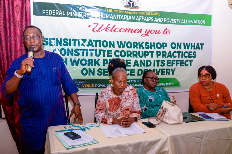 (left to Right) Director, Reforms Coordination and Service Improvement, Federal Ministry of Humanitarian Affairs and Poverty Alleviation, Odii N. Barry, Representative of the Permanent Secretary FMHAPA, the Director Planning, Research and Statistics, Patience N. Oyekunle, Representative of SERVICOM, DR. Ngozi Akinbodewa and Representative of ICPC Headquarters, Edu Davis, during the sensitization workshop on What Constitute Corruption in the Work Place, organized by the Ministry for SERVICOM Desk Officers, held in Mararaba, Nasarawa State