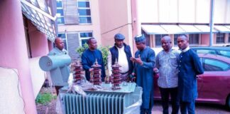 (2nd left) Director General Services Federal Ministry of Humanitarian Affairs and Poverty Alleviation, Yakubu John (4th left) Agabus Datukum and other officials of the Ministry during the hand over of the 500KVA transformer to the Ministry by the ICPC