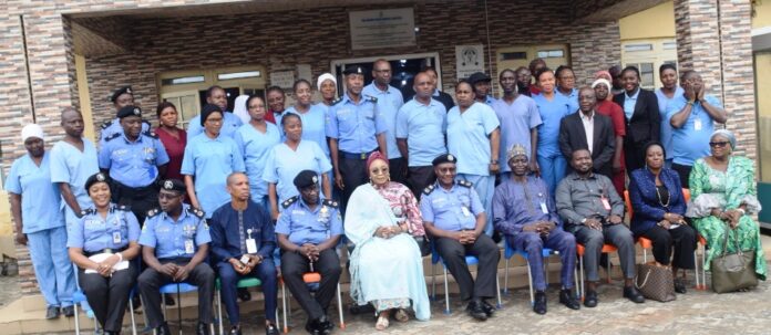L-R: Officer in Charge, NPF Hospital DeiDei, ACP T. Okunbo, Director Finance and Accounts (MPA) Mr. Okehie Isaac Tochukwhu; CP Umar Faruk Madaki; Minister of State for Police Affairs, Hajia Imaan Sulaiman Ibrahim; Force Medical Officer, Commissioner of Police, CP Emmanuel N. Garba; Director Human Resource Management (MPA), Mr. Simon Stephen; Director General Services (MPA, Mrs Edemanya Ibilola; Director Planning Research and Statistics, Mrs Azeez Margaret and others during the inspection of the Nigeria Police Force Hospital Dei Dei, Abuja