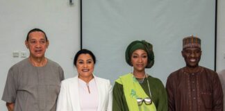 L to R: Senator Ben Murray Bruce, Honorable Minister of Industry, Trade and Investment, Dr Doris Uzoka-Anite, Honorable Minister of Arts, Culture and Creative Economy, Barrister Hannatu Musawa, Permanent Secretary Industry, Trade and Investment, HE Nura Abba Rimi. Inauguration of the Interministerial Committee on Reviewing National Intellectual Property Strategy and Policy in Abuja, 30th May 2024.