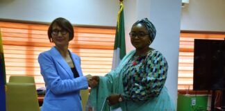 L-R: Finland Ambassador to Nigeria Ms. Peena Plyvanainen and Minister of State for Police Affairs, Hajia Imaan Sulaiman-Ibrahim during a courtesy visit by the Finland Ambassador to Nigeria Ms. Peena Plyvanainen to the Headquarters of the Ministry in Abuja.