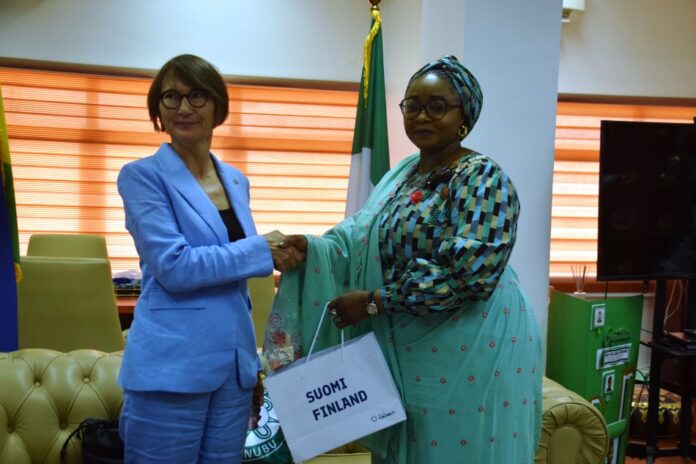 L-R: Finland Ambassador to Nigeria Ms. Peena Plyvanainen and Minister of State for Police Affairs, Hajia Imaan Sulaiman-Ibrahim during a courtesy visit by the Finland Ambassador to Nigeria Ms. Peena Plyvanainen to the Headquarters of the Ministry in Abuja.