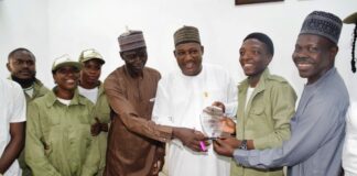 L-R: Mene Eyimofe Edith (NYSC); Director Human Resource Management; Mr. Stephen B. Simon; Permanent Secretary, Dr. Nazir Sani Gwarzo; Team leader (Corpers), Mr. Adetoyinbo Oluwaferanmi Pamilerin; Senior Special Assistance (Hon. Minister), Mr. Goni Kuwata during a thank you visit by the Ministry Corp members to the Permanent Secretary office in Abuja.
