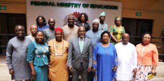 The Honourable Minister of State for Education, Hon. Dr. Yusuf Tanko Sununu (C), flanked Left Dr Elijah Ogbuokiri, President CIDSAN (in Blue gown)Dr Mrs Lami Amodu , FME Staff and other CIDSAN Team Members during the Courtesy Visit in headquarters Abuja.