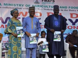L-R, the Director, Animal Husbandry Services,Mrs Winnie Lai-Solarin, the representative of the Vice President, SSA,Agribusiness and Productivity Enhancement, Dr. Kingsley Uzoma and Minister of State for Agriculture and Food Security, Sen Aliyu Sabi Abdullahi, during the launching of the National Dairy Policy in Abuja.