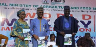 L-R, the Director, Animal Husbandry Services,Mrs Winnie Lai-Solarin, the representative of the Vice President, SSA,Agribusiness and Productivity Enhancement, Dr. Kingsley Uzoma and Minister of State for Agriculture and Food Security, Sen Aliyu Sabi Abdullahi, during the launching of the National Dairy Policy in Abuja.