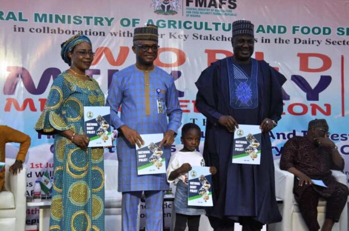 National Dairy Policy L-R, the Director, Animal Husbandry Services,Mrs Winnie Lai-Solarin, the representative of the Vice President, SSA,Agribusiness and Productivity Enhancement, Dr. Kingsley Uzoma and Minister of State for Agriculture and Food Security, Sen Aliyu Sabi Abdullahi, during the launching of the National Dairy Policy in Abuja.