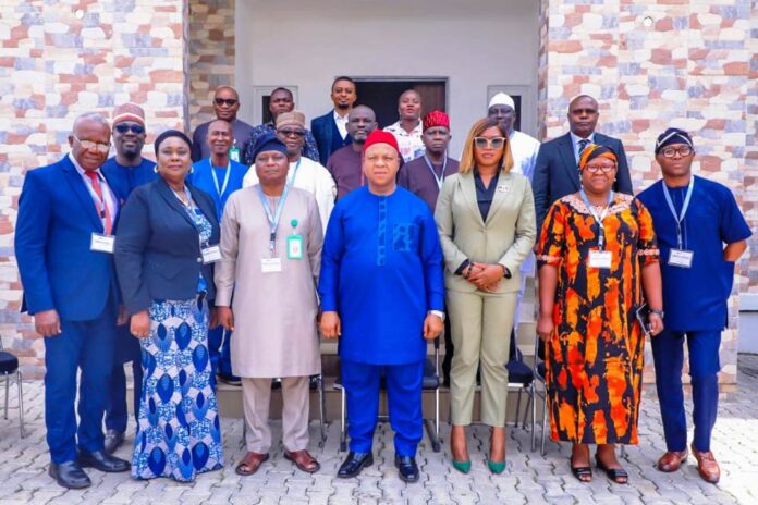 OSGF On Course For Digitisation Of Records1 (C) Representative of the SGF, Permanent Secretary, General Services Office, Dr. Nnamdi Maurice Mbaeri, MD, XEM Consultants Ltd, Dr. Eugenia Ndukwe, flanked by participants during a five-day Workshop on Records Management and Automated Work Process for Directors in OSGF on Tuesday, 25th June, 2024 in Abuja.