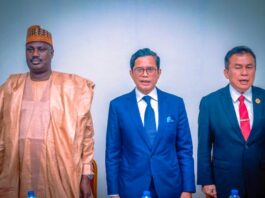 The Minister of State for Agriculture and Food Security, Sen Aliyu Sabi Abdullahi, Vice Minister of Foreign Affairs, Republic of Indonesia, Mr. Pahala Nugraha Mansury and Indonesia Ambassador in Nigeria, Mr. Usra Harahap, during the meeting in Abuja.