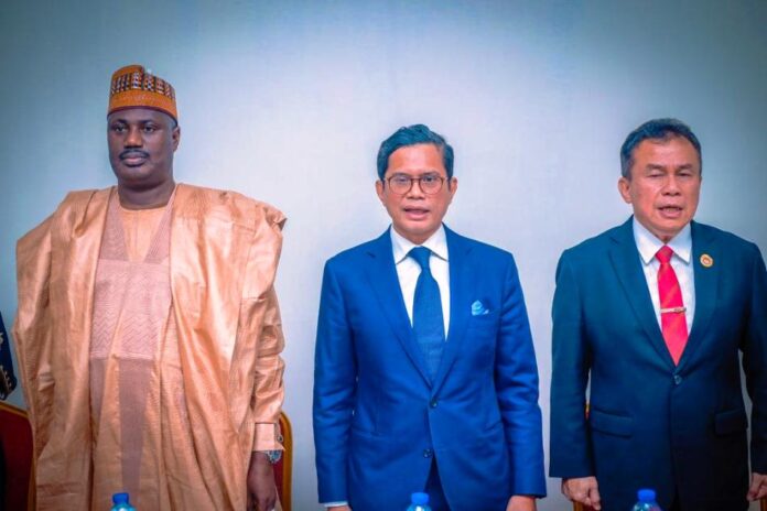 REVAMP THE OIL PALM SUB SECTOR The Minister of State for Agriculture and Food Security, Sen Aliyu Sabi Abdullahi, Vice Minister of Foreign Affairs, Republic of Indonesia, Mr. Pahala Nugraha Mansury and Indonesia Ambassador in Nigeria, Mr. Usra Harahap, during the meeting in Abuja.