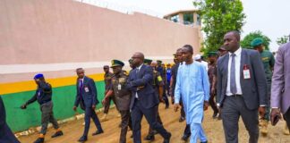 Hon. Minister of Interior, Dr Olubunmi Tunji-Ojo, flanked by the CG- Nigeria Correctional Service, Haliru Nababa , and Top Management staff of the Ministry during the assessment visits.