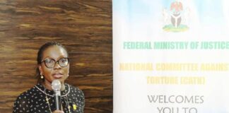 SGF/PS. Federal Ministry of Justice, Mrs Beatrice Jedy-Agba, OON, mni, giving her Welcome Remarks at Sensitization Workshop For law Enforcement Agencies at Treasure Suite Hotel , Abuja . 29/5/2024