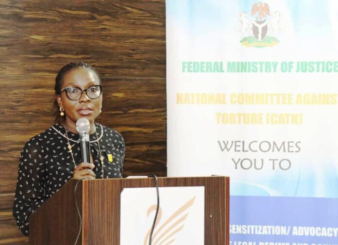 Sensitization Workshop For law Enforcement Agencies1 SGF/PS. Federal Ministry of Justice, Mrs Beatrice Jedy-Agba, OON, mni, giving her Welcome Remarks at Sensitization Workshop For law Enforcement Agencies at Treasure Suite Hotel , Abuja . 29/5/2024