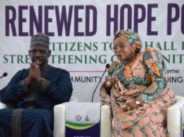 Executive Governor of Nasarawa state, Engr. Abdullahi A. Sule and Minister of State for Police Affairs Hajia Imaan Sulaiman Ibrahim during the Renewed Hope Police Agenda: Citizens Town Hall Engagement on Strengthening Community Policing in Nigeria with a theme; Community Policing: Building A Safer Nigeria Together held at the Alhaji Aliyu Akwe Doma Banquet Hall Nasarawa State Government House, Lafia.