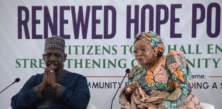Executive Governor of Nasarawa state, Engr. Abdullahi A. Sule and Minister of State for Police Affairs Hajia Imaan Sulaiman Ibrahim during the Renewed Hope Police Agenda: Citizens Town Hall Engagement on Strengthening Community Policing in Nigeria with a theme; Community Policing: Building A Safer Nigeria Together held at the Alhaji Aliyu Akwe Doma Banquet Hall Nasarawa State Government House, Lafia.