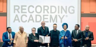 L-R: Minister of Youth and Arts in Rwanda, Hon. Utumatwishima Jean, Representative of AFREXIM, Recording Academy's Chair, Tammy Hurt, President of the Recording Academy Harvey Mason Jr., Co-President Panos A. Panay, Minister of Art, Culture and Creative Economy Nigeria, Barr. Hannatu Musa Musawa, Minister of Sports and Culture in Kenya Hon. Ababu Namwamba, Representative of Minister of Sports, Art, and Culture in South Africa Tsholofelo Lejaka at the inaugural PAN African Steering Committee Meeting with the Recording Academy held in Kigali, Rwanda on the 18th of June 2024