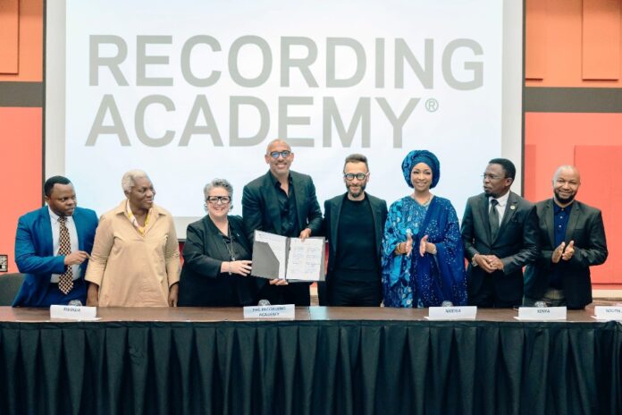 L-R: Minister of Youth and Arts in Rwanda, Hon. Utumatwishima Jean, Representative of AFREXIM, Recording Academy's Chair, Tammy Hurt, President of the Recording Academy Harvey Mason Jr., Co-President Panos A. Panay, Minister of Art, Culture and Creative Economy Nigeria, Barr. Hannatu Musa Musawa, Minister of Sports and Culture in Kenya Hon. Ababu Namwamba, Representative of Minister of Sports, Art, and Culture in South Africa Tsholofelo Lejaka at the inaugural PAN African Steering Committee Meeting with the Recording Academy held in Kigali, Rwanda on the 18th of June 2024