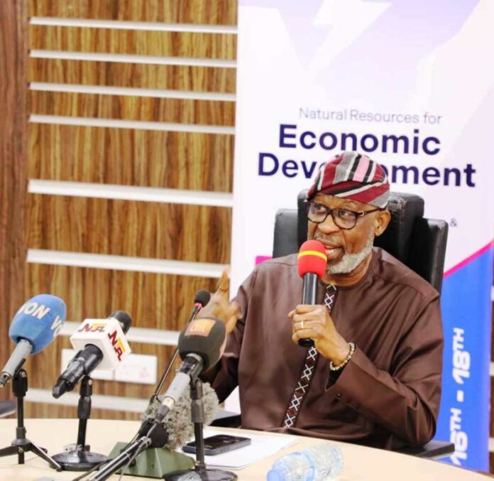 AFNIS Summit4 Creating Awareness on the Forthcoming Africa Natural Resources and Energy Investment Summit (3rd Edition AFNIS 2024): The Honourable Minister of Solid Minerals Development Dr Dele Alake addressing Journalists during the Press Briefing; Left: Mrs Ijeoma Idika, Director Human Resource Management Dept(Representing the Permanent Secretary); Right: Zakari Suleman Chief Executive Officer Core-I-Mine Int'l Ltd, Organizer of AFNIS Summit.