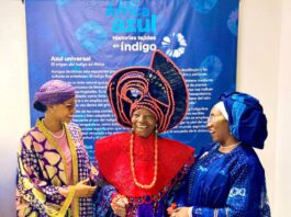 Director General Centre for Black and African Arts and Civilization (CBAAC) Aisha Augie, Founder, Nike Art Gallery, Nike Davies-Okundaye and Artistic Director/CEO National Troupe, Kaltume Bulama Gana at the opening of ‘Blue Africa: Stories Woven in Indigo’ exhibition held at Nike Art Gallery Abuja in collaboration with the National Museum of Anthropology in Madrid, Mamah Africa Association, and Federal Ministry of Art Culture and The Creative Economy at the weekend