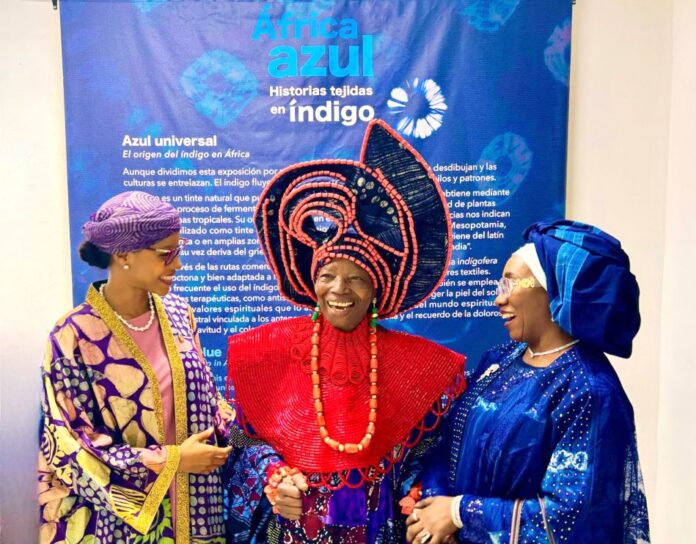 Blue Africa Exhibition1 Director General Centre for Black and African Arts and Civilization (CBAAC) Aisha Augie, Founder, Nike Art Gallery, Nike Davies-Okundaye and Artistic Director/CEO National Troupe, Kaltume Bulama Gana at the opening of ‘Blue Africa: Stories Woven in Indigo’ exhibition held at Nike Art Gallery Abuja in collaboration with the National Museum of Anthropology in Madrid, Mamah Africa Association, and Federal Ministry of Art Culture and The Creative Economy at the weekend