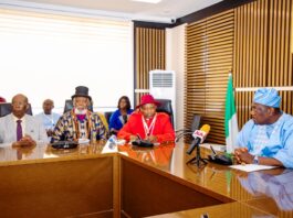Secretary to the Government of the Federation, Sen. George Akume, fnim, CON, receives a delegation of African-Descendants in Diaspora Union (AfriDU)-Advance Team from the United States, Canada and the Caribbean led by its President, Prof. Arch-bishop Chidiebere Anelechi Ogbu, in partnership with Nigerians in Diaspora Commission (NiDCOM) on Tuesday, 9th July, 2024 in Abuja.