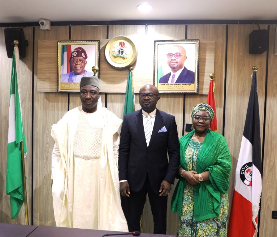 L- R: NFF President, Ibrahim Musa Gusau; Minister of Interior, Dr. Olubunmi Tunji-Ojo; Permanent Secretary, Ministry of Interior, Dr. Aishetu Gogo Ndayako