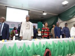 (in blue suit )The Honourable Minister of State Hon. Dr. Yusuf Tanko Sununu (2nd left)The Honourable Minister of Education Prof Tahir Mamman flanked(R) the Permanent Secretary Mrs Didi Walson Jack Arch Sunny Echono (Es TEtfund) Isah Oloyede (Jamb Registrar during the inauguration speech at NUC Abuja