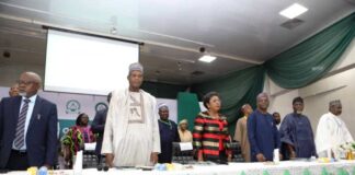(in blue suit )The Honourable Minister of State Hon. Dr. Yusuf Tanko Sununu (2nd left)The Honourable Minister of Education Prof Tahir Mamman flanked(R) the Permanent Secretary Mrs Didi Walson Jack Arch Sunny Echono (Es TEtfund) Isah Oloyede (Jamb Registrar during the inauguration speech at NUC Abuja
