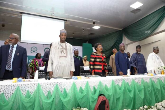 (in blue suit )The Honourable Minister of State Hon. Dr. Yusuf Tanko Sununu (2nd left)The Honourable Minister of Education Prof Tahir Mamman flanked(R) the Permanent Secretary Mrs Didi Walson Jack Arch Sunny Echono (Es TEtfund) Isah Oloyede (Jamb Registrar during the inauguration speech at NUC Abuja