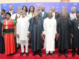 Vice President Kashim Shettima (M ); Deputy Governor of Nasarawa State, Dr. Emmanuel Akabe (4TH- R); Deputy Governor of Benue State, Samuel Ode (3RD-R); Minister of Solid Mineral Development, Dr. Dele Alake (4TH –L) and others during the African Natural Resources and Energy Investment Summit at the Banquet Hall, State House Abuja on Wednesday (17/07/2024).