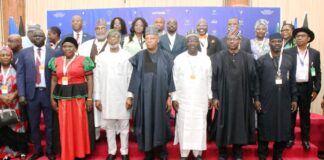 Vice President Kashim Shettima (M ); Deputy Governor of Nasarawa State, Dr. Emmanuel Akabe (4TH- R); Deputy Governor of Benue State, Samuel Ode (3RD-R); Minister of Solid Mineral Development, Dr. Dele Alake (4TH –L) and others during the African Natural Resources and Energy Investment Summit at the Banquet Hall, State House Abuja on Wednesday (17/07/2024).