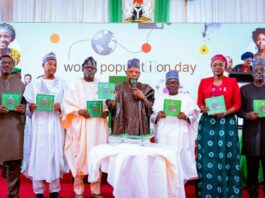 L-R: United Nations Population Fund (UNFPA) Nigeria Deputy Representative, Mr. Koessan Kuawu; Amb. Usman Sarki, Spokesperson of Population Advisory Council; representative of Chairman of the House of Representatives Committee on Population, Hon. Okunjimi John Odimayo; Vice President Kashim Shettima; Chairman of the National Population Commission (NPC), Nasir Isa Kwarra; Minister of Youth Development, Dr Jamila Bio Ibrahim; and Director of the UN Information Centre for Nigeria, Ronald David Kayanja, during the launch of the National Population Policy User-Friendly Translated Versions at the 2024 World Population Day celebration at the Banquet Hall of the Presidential Villa, Abuja, on Thursday, 11/07/2024.