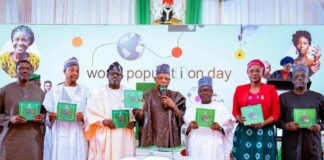 L-R: United Nations Population Fund (UNFPA) Nigeria Deputy Representative, Mr. Koessan Kuawu; Amb. Usman Sarki, Spokesperson of Population Advisory Council; representative of Chairman of the House of Representatives Committee on Population, Hon. Okunjimi John Odimayo; Vice President Kashim Shettima; Chairman of the National Population Commission (NPC), Nasir Isa Kwarra; Minister of Youth Development, Dr Jamila Bio Ibrahim; and Director of the UN Information Centre for Nigeria, Ronald David Kayanja, during the launch of the National Population Policy User-Friendly Translated Versions at the 2024 World Population Day celebration at the Banquet Hall of the Presidential Villa, Abuja, on Thursday, 11/07/2024.