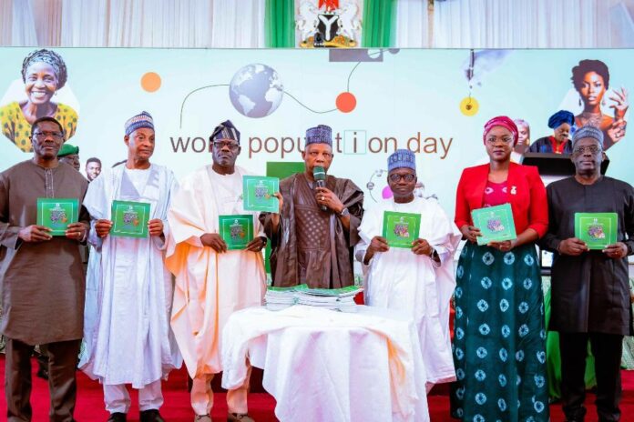 WORLD POPULATION DAY L-R: United Nations Population Fund (UNFPA) Nigeria Deputy Representative, Mr. Koessan Kuawu; Amb. Usman Sarki, Spokesperson of Population Advisory Council; representative of Chairman of the House of Representatives Committee on Population, Hon. Okunjimi John Odimayo; Vice President Kashim Shettima; Chairman of the National Population Commission (NPC), Nasir Isa Kwarra; Minister of Youth Development, Dr Jamila Bio Ibrahim; and Director of the UN Information Centre for Nigeria, Ronald David Kayanja, during the launch of the National Population Policy User-Friendly Translated Versions at the 2024 World Population Day celebration at the Banquet Hall of the Presidential Villa, Abuja, on Thursday, 11/07/2024.