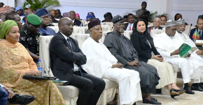 From left. Minister of Industry, Trade and IInestment, Doris Uzoka -Anite ; Minister of Health, Muhammad Ali Pate; Deputy Secretary General of the United Nations,Ms Amina Muhammad ; Central Bank Governor, Mr. Olayemi Cardoso; Minister of Finance and Co-Ordinating Minister of Economy, Wale Edun; and Vice President Kashim Shettima during 24 African Caucus Meeting at the Transcorp Hilton on Friday (02-08-2024).
