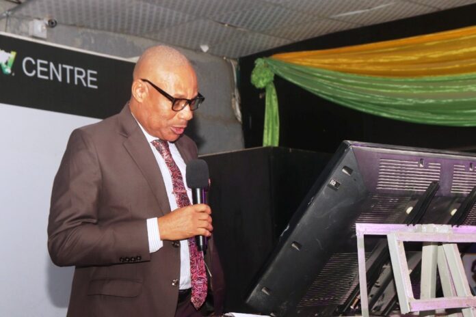 ABSE 2024 Representative of the Hon. Minister of Aviation and Aerospace Development; Permanent Secretary Ministry of Aviation and Aerospace Development, Dr. Emmanuel Meribole delivering his Goodwill Message and also declaring the ABSE 2024 Open.