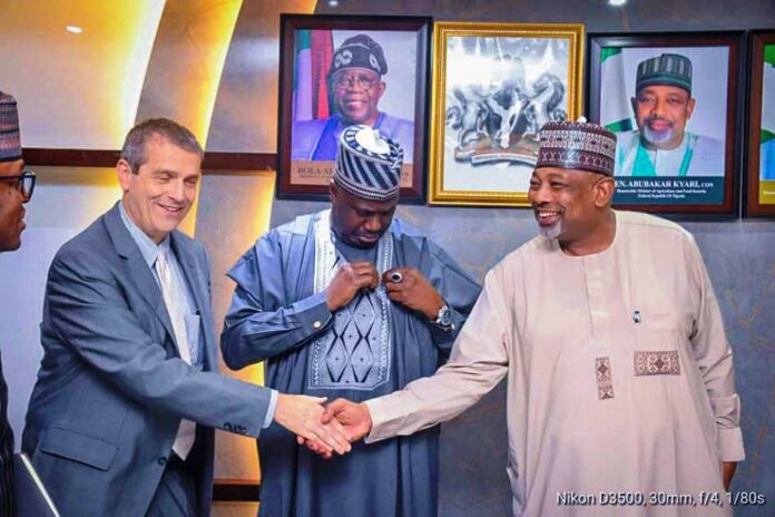 Cotton Sub Sector L-R, the Executive Director, ICAC, Eric Trachtenberg, Minister of State for Agriculture and Food Security, Sen Dr Aliyu Sabi Abdullahi and Minister of Agriculture and Food Security, Sen Abubakar Kyari, during the meeting in Abuja, recently.