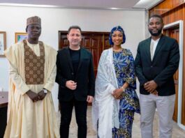 L-R: Adam Abubakar Media manager (Dambe Warriors) Mario WANNY Managing Partner (Dambe Warriors), Hannatu Musa Musawa Hon. Minister Art, Culture and the Creative Economy, Anthony Okeleke Co-founder (Dambe Warriors) on a courtesy visit to the Minister to seek the Ministry’s endorsement for the Dambe Warriors league. 8th August 2024