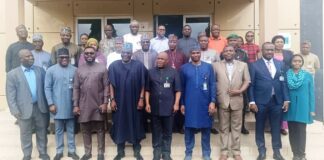 Deputy Chief of Staff to the President, office of the Vice President, Senator Ibrahim Hadejia (4th-- L); State House Permanent Secretary, Olusesan Adebiyi (5th-R) and staffs during the opening of a digitalization training programme for Staff of the office of the Vice President at the State House Banquet Hall in Abuja on Monday (29/0/2024).