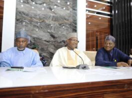The Honourable Minister of Education Prof Tahir Mamman ( C )to his (R) the Honourable Minister of State for Education Hon Dr Yusuf Tanko Sununu and (L) the Permanent Secretary Education Dr Nazir Sani Gwarzo at Stakeholders meeting on Challenges and Problems affecting Technical Education