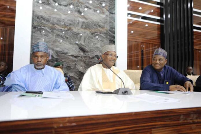 The Honourable Minister of Education Prof Tahir Mamman ( C )to his (R) the Honourable Minister of State for Education Hon Dr Yusuf Tanko Sununu and (L) the Permanent Secretary Education Dr Nazir Sani Gwarzo at Stakeholders meeting on Challenges and Problems affecting Technical Education