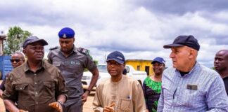 The Honourable Minister of Water Resources and Sanitation, Engr. Prof. Joseph Terlumun Utsev,(L), flanked by Director Dams and Reservoir, FMWRS, Engr. Ali Dallah,(M) and the Project Contractor, Engr Fahd Jamal,(R) on Wednesday 21st Aug, 2024, at the inspection of Ogbese Multi-Purpose Dam in Ekiti State.