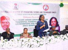 Permanent Secretary, Federal Ministry of Innovation, Science and Technology, Mrs. Esuabana Nko Asanye representing the Hon. Minister FMIST, Chief Uche Geoffrey Nnaji,delivering the keynote address, Director, Science and Technology Promotion Department FMIST, Mr. Ronald Ukpong (left) Deputy Director, Technology Acquisition and Adaptation Department FMIST, Engr. Azuftama Dahiru (3rd right) Director-General, National Board for Technology Incubation (NBTI) Dr. Mrs. Patricia Uchenna Chukwu (2nd left) and other at the Grant Award Ceremony of the 2023 Presidential Standing Committee on Inventions and Innovations (PSCII) Beneficiaries held today in Abuja.