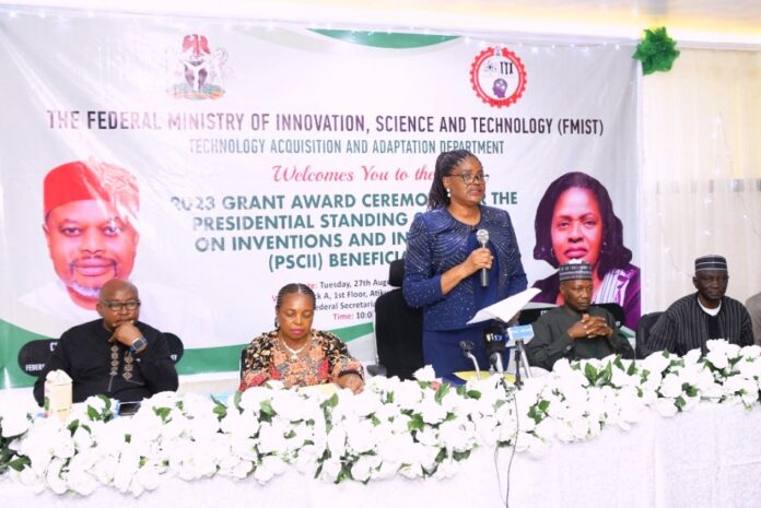 FG Gives Grants Award To 32 Inventors And Innovators Permanent Secretary, Federal Ministry of Innovation, Science and Technology, Mrs. Esuabana Nko Asanye representing the Hon. Minister FMIST, Chief Uche Geoffrey Nnaji,delivering the keynote address, Director, Science and Technology Promotion Department FMIST, Mr. Ronald Ukpong (left) Deputy Director, Technology Acquisition and Adaptation Department FMIST, Engr. Azuftama Dahiru (3rd right) Director-General, National Board for Technology Incubation (NBTI) Dr. Mrs. Patricia Uchenna Chukwu (2nd left) and other at the Grant Award Ceremony of the 2023 Presidential Standing Committee on Inventions and Innovations (PSCII) Beneficiaries held today in Abuja.