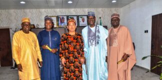 L-R Chief of Staff to the Honourable Minister of Housing and Urban Development, ..., Honourable Minister of State for Housing and Urban Development, Abdullahi Tijjani Gwarzo, Vice Chairman, Yiwu China - Africa Business Council, High Chief Mike Yousuf Ugwu, Hon.Minister of Housing and Urban Development, Arc Ahmed Musa Dangiwa and Permanent Secretary, Federal Ministry of Housing and Urban Development, Dr. Marcus Ogunbiyi during a courtesy visit by Vice -Chairman Yiwu China - African Business Council to the ministry recently.