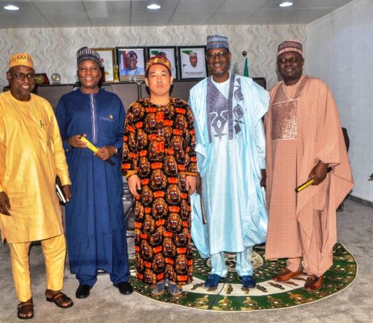 L-R Chief of Staff to the Honourable Minister of Housing and Urban Development, ..., Honourable Minister of State for Housing and Urban Development, Abdullahi Tijjani Gwarzo, Vice Chairman, Yiwu China - Africa Business Council, High Chief Mike Yousuf Ugwu, Hon.Minister of Housing and Urban Development, Arc Ahmed Musa Dangiwa and Permanent Secretary, Federal Ministry of Housing and Urban Development, Dr. Marcus Ogunbiyi during a courtesy visit by Vice -Chairman Yiwu China - African Business Council to the ministry recently.