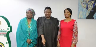 L-R: Hajiya Salamatu Ladi Ahmed, Executive Secretary, Mr. Ibrahim Mairiga and Dr. Comfort Adeosun, Director, overseeing the office of the Permanent Secretary (SWO), OHCSF during the send forth organized by FGSHLB for Mr. Mairiga