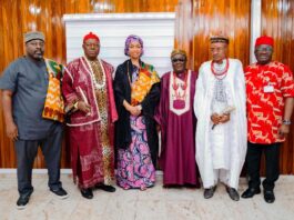 L-R: Obi Asika DG National Council for Arts and Culture (NCAC), HRM Gregory Ilogrika, leader of Igbo community in Akure, leader of the delegation HRM Sylvester Onuegbu of Oguta Imo state , HRM Stephen Onwualinmba of Ussaka of Abia State, Hon Okafor Dominic feanyi, Member House Committee on Culture and Tourism during a Courtesy visit of South East First Class Traditional Rulers to the Minister, Barrister Hannatu Musa Musawa on the 15th of August 2024.